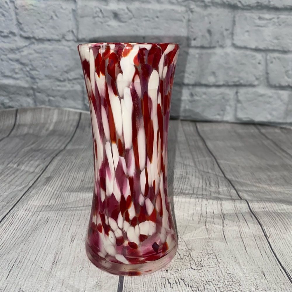 Glass painted vase 6” tall approx 2.5” wide red and white